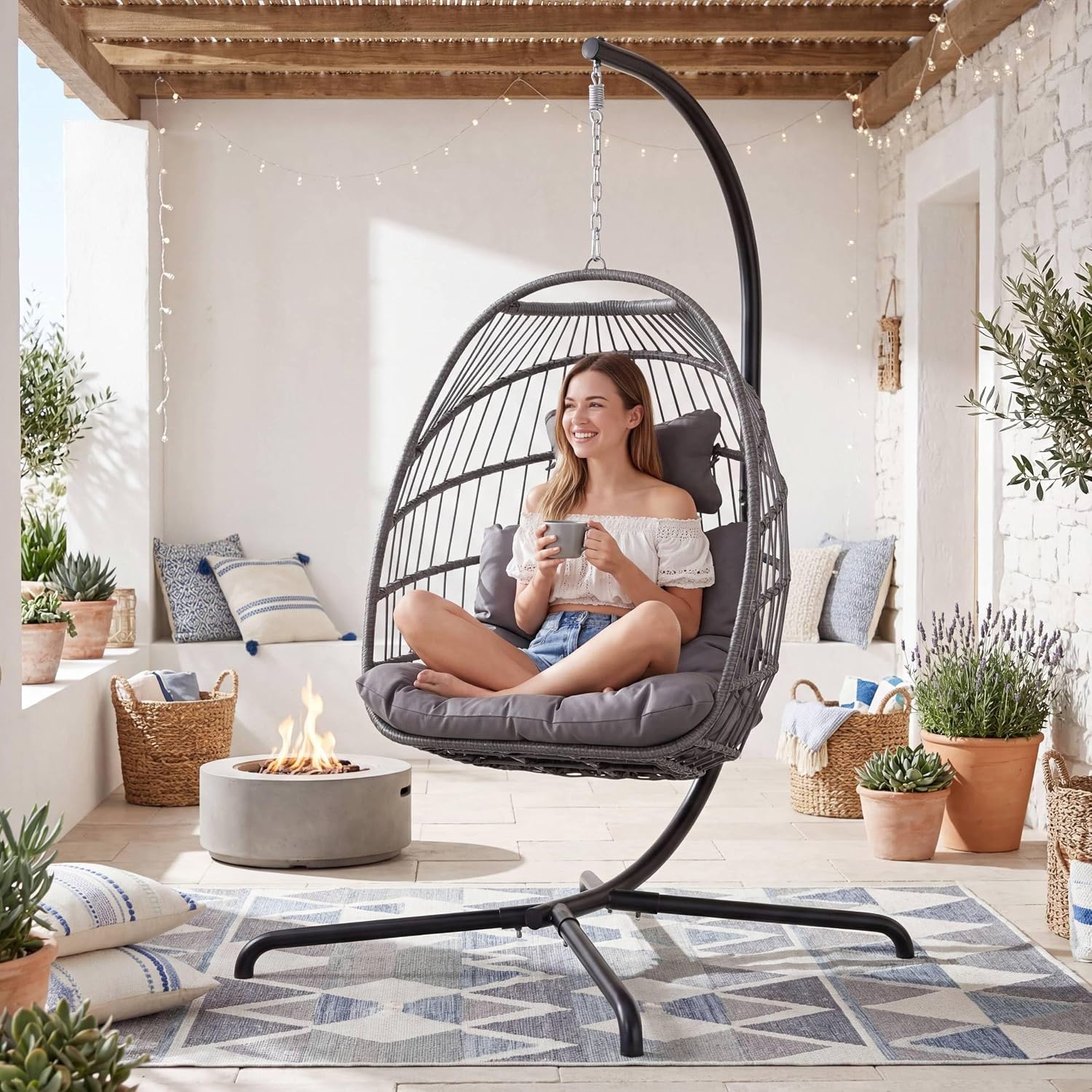 RADIATA Foldable Swing Egg Chair with Stand and Water-Resistant Cover, Outdoor Wicker Hanging Hammock Chair with Cushion, 350Lbs Heavy Duty Eggshell Basket Seat for Balcony Porch Backyard, Dark Grey