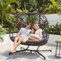NICESOUL Double Egg Chair Outdoor Indoor, Oversized 2 Person Swing with Stand, All-Weather Wicker Large Hanging Loveseat, Heavy Duty Patio Swinging Seat with Cushion for Balcony, Dark Grey