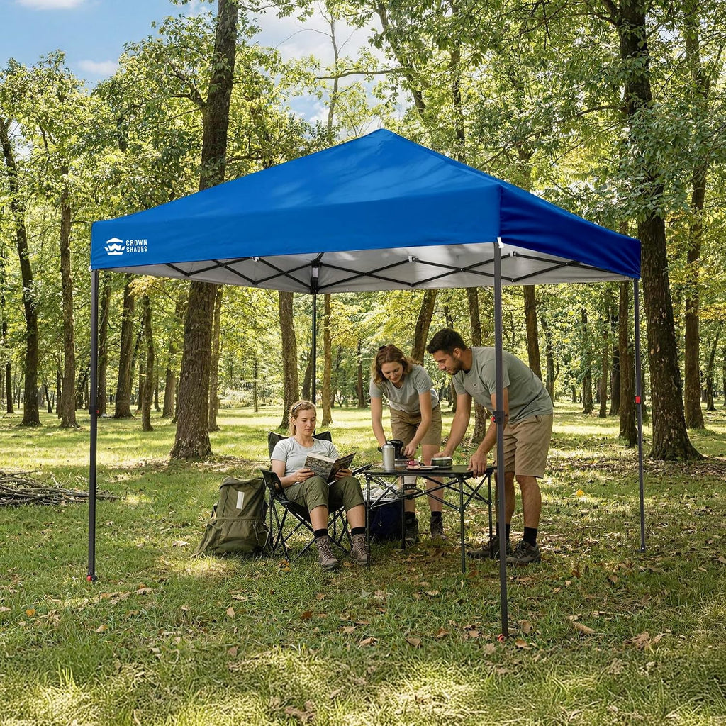 CROWN SHADES 8x8 Pop Up Canopy - Patented Center Lock One Push Instant Outdoor Canopy Beach Tent with STO-N-Go Bag 8 Stakes & 4 Sand Bags，Blue