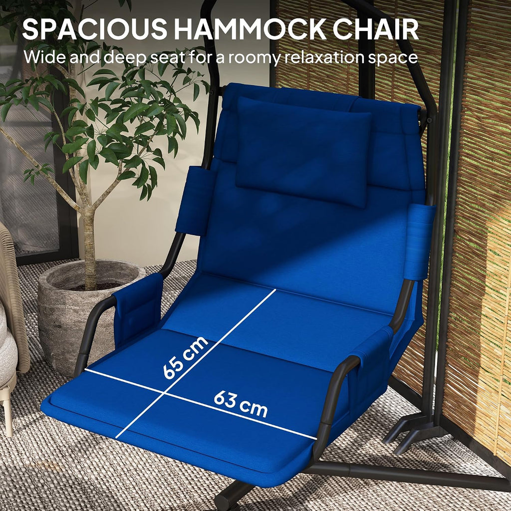 Outsunny Hammock Chair with Stand, Hammock Swing with PA Coating Oxford Fabric Cushion, Indoor Outdoor Hanging Chair with Chain, Steel Frame for Bedroom, Patio, Balcony, Dark Blue