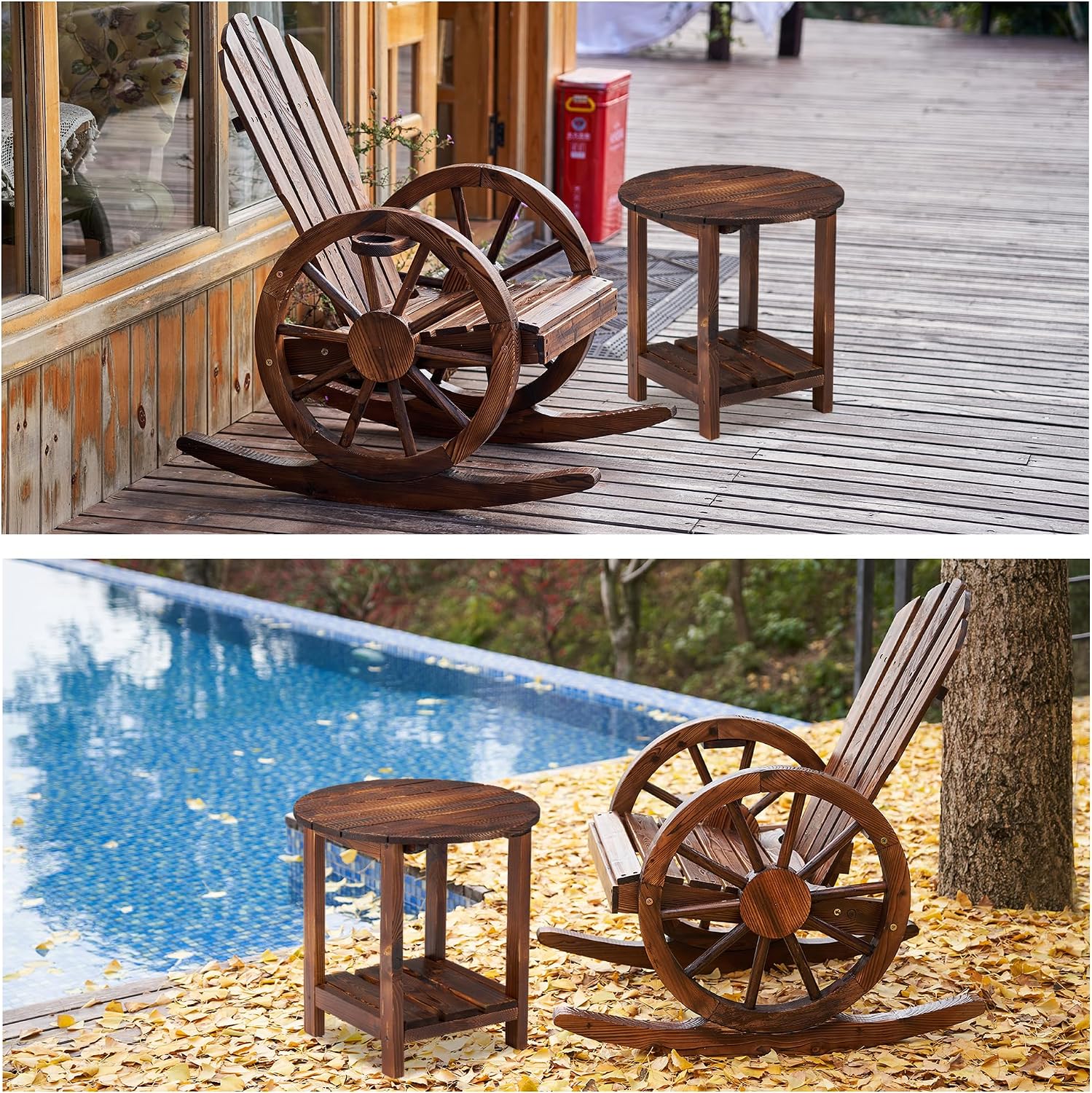 Spurgehom 2-Piece Outdoor Wood Rocking Chair Set, Patio Decor Yard Glider with Side Table, Adirondack Chair for Porch Lawn Garden Balcony Poolside, Brown