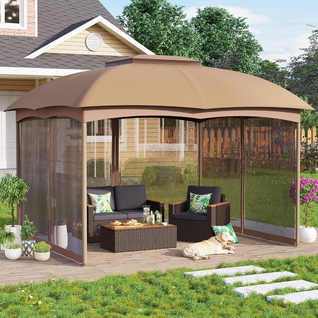 PHI VILLA 10x12 Gazebo Canopy for Patio, Double Vent Outdoor Canopy Gazebo with Netting, Screen Patio Gazebo Heavy Duty for Garden Deck Khaki