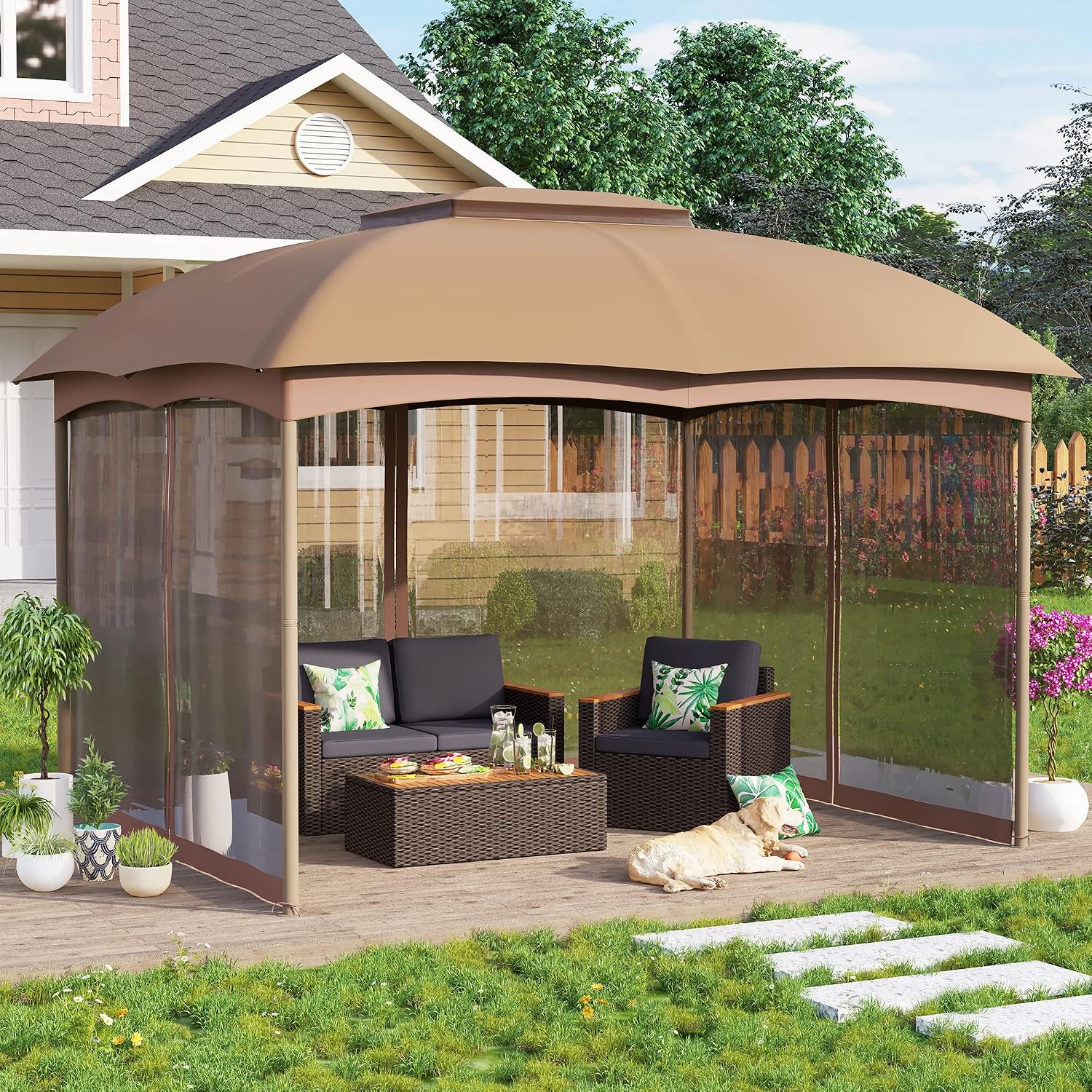 PHI VILLA 10x12 Gazebo Canopy for Patio, Double Vent Outdoor Canopy Gazebo with Netting, Screen Patio Gazebo Heavy Duty for Garden Deck Khaki