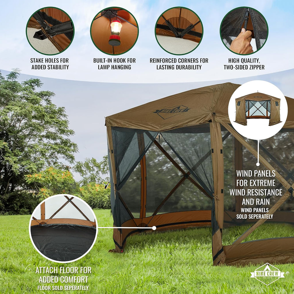 Hike Crew 12' x 12' Pop-Up Gazebo Screen Tent | Screened 6-Sided Instant Outdoor Canopy Shelter with Stakes, Ropes & Carry Bag for Camping, Sports & Picnic Table | UV Resistant SPF 50+