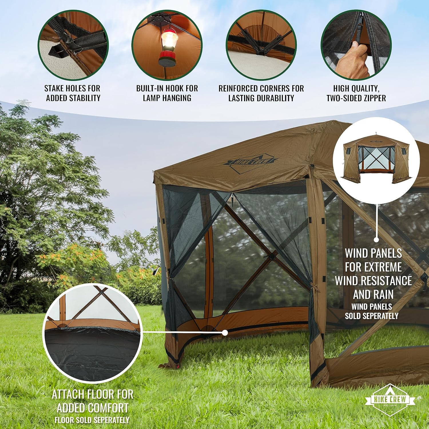 Hike Crew 12' x 12' Pop-Up Gazebo Screen Tent | Screened 6-Sided Instant Outdoor Canopy Shelter with Stakes, Ropes & Carry Bag for Camping, Sports & Picnic Table | UV Resistant SPF 50+