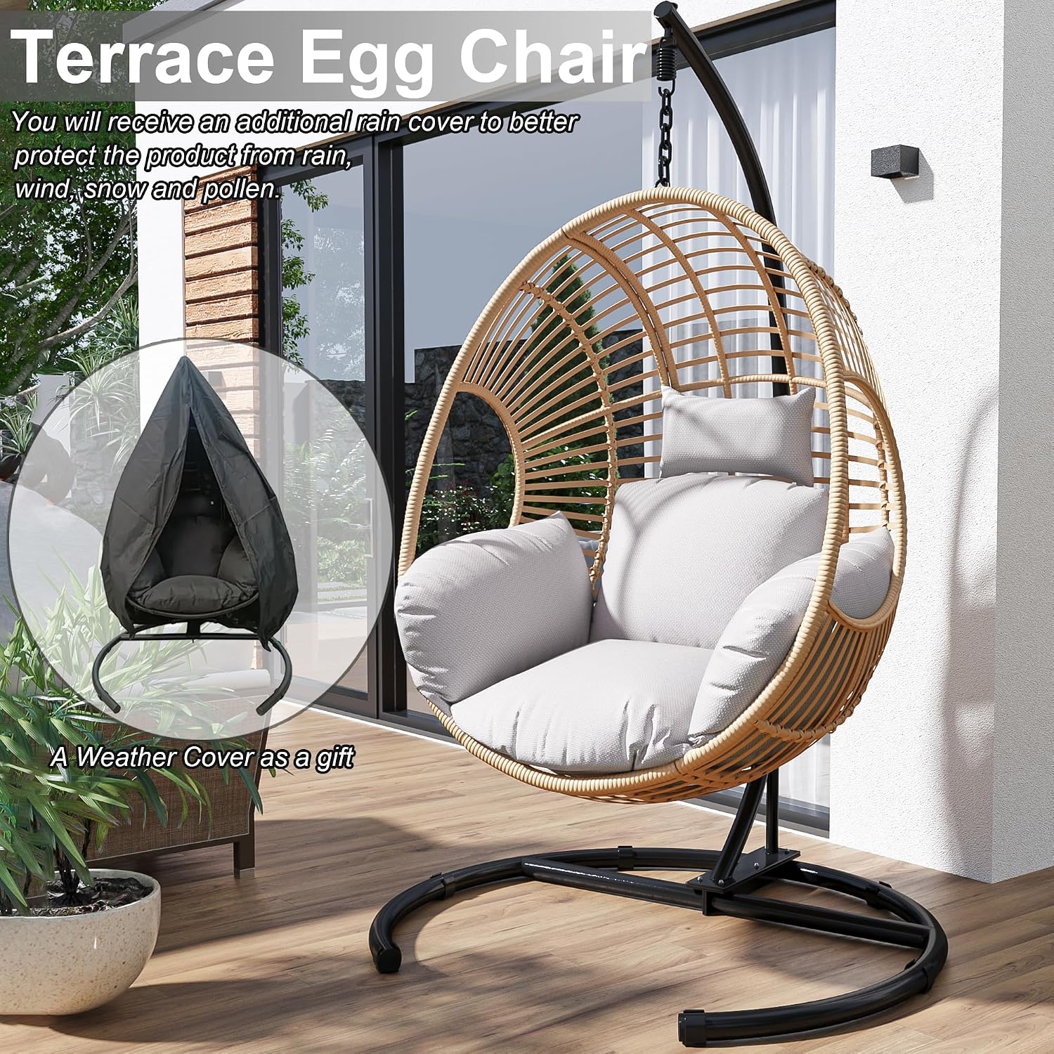 Hanging Egg Chair with Stand - Egg Swing Chair Outdoor Indoor Patio Wicker Chair Swing Hammock Egg Chairs 400lbs Capacity for Outside Patio, Bedroom, Garden, Balcony（Beige-Regular, 1PC