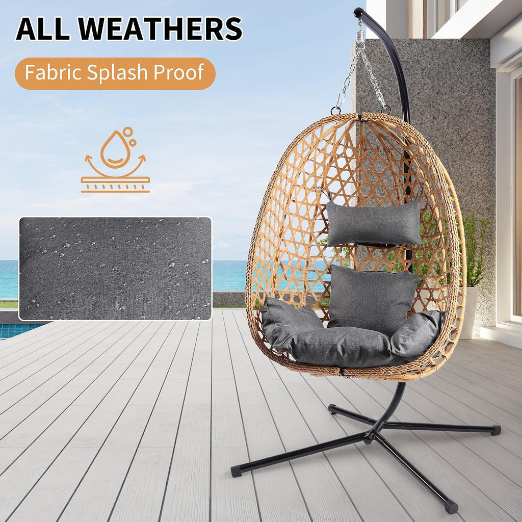DoubleTT Egg Chair with Stand, Patio Wicker Hanging Chair, Hammock Swing Chair, 350LBS Capacity for Bedroom, Balcony, Garden (YE-GR)