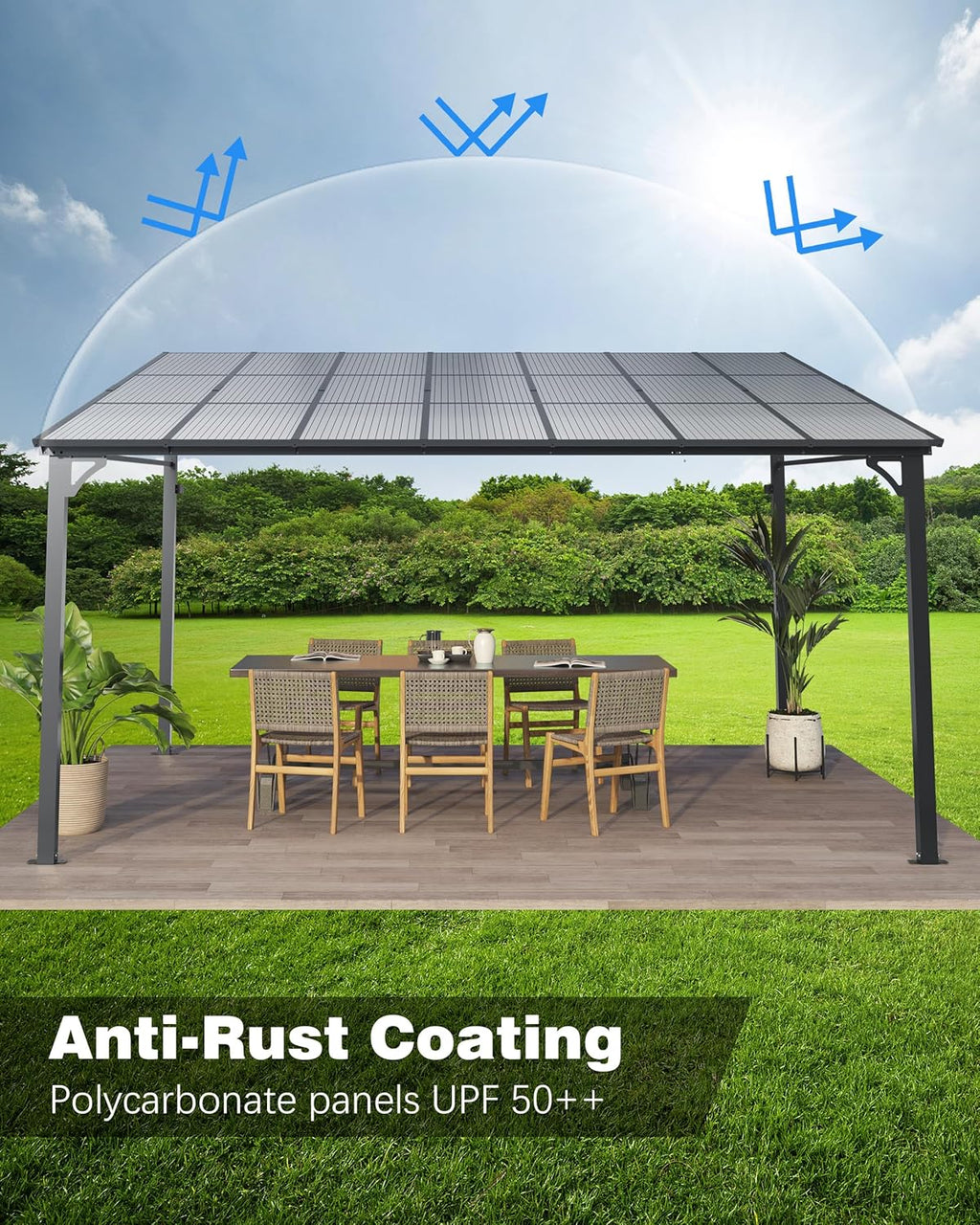 GarveeLife 10 ft x 12 ft Lean to Gazebo, Hardtop Wall Pergola with Polycarbonate Roof, Aluminum Frame Mounted Gazebo for Lawn Patio Deck Yard and Party