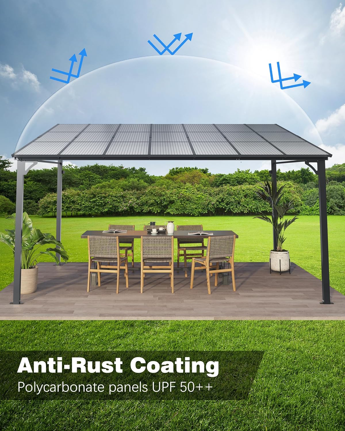 GarveeLife 10 ft x 12 ft Lean to Gazebo, Hardtop Wall Pergola with Polycarbonate Roof, Aluminum Frame Mounted Gazebo for Lawn Patio Deck Yard and Party