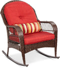 Best Choice Products Outdoor Wicker Patio Rocking Chair for Porch, Deck, Poolside w/Steel Frame, Weather-Resistant Cushions - Red