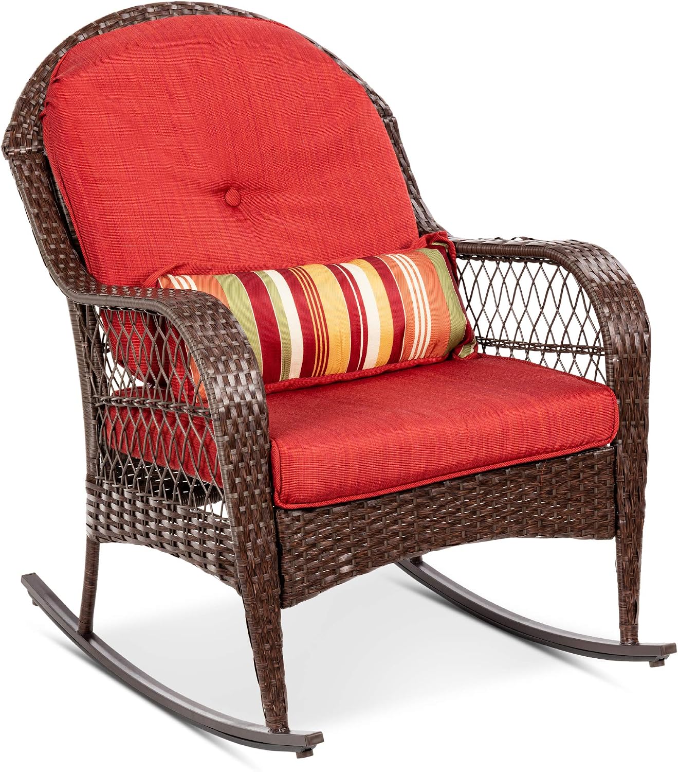 Best Choice Products Outdoor Wicker Patio Rocking Chair for Porch, Deck, Poolside w/Steel Frame, Weather-Resistant Cushions - Red