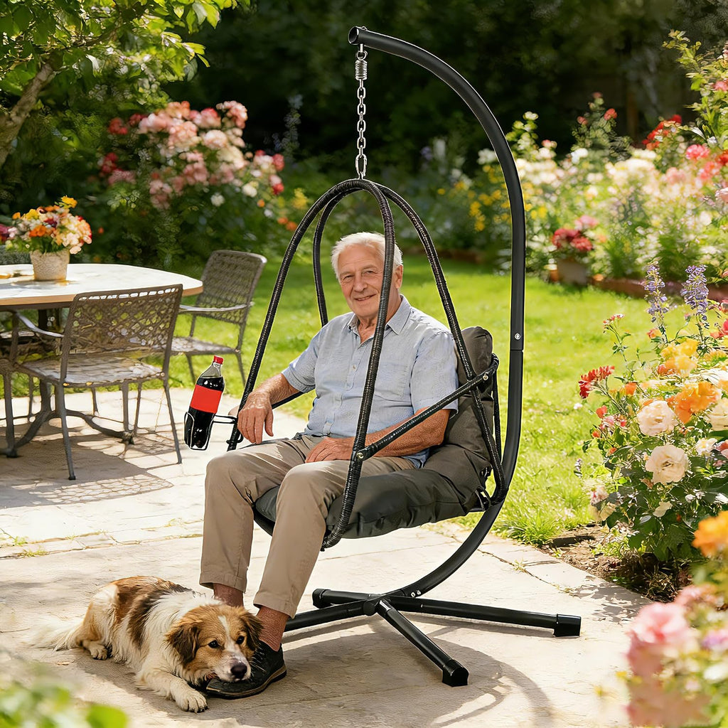 JESE Swing Egg Chair with Stand - UV Resistant & Waterproof Cushion Included, with Cup Holder - Indoor/Outdoor Hanging Hammock Chair Suitable for Patio, Bedroom, Balcony, Garden (Black)