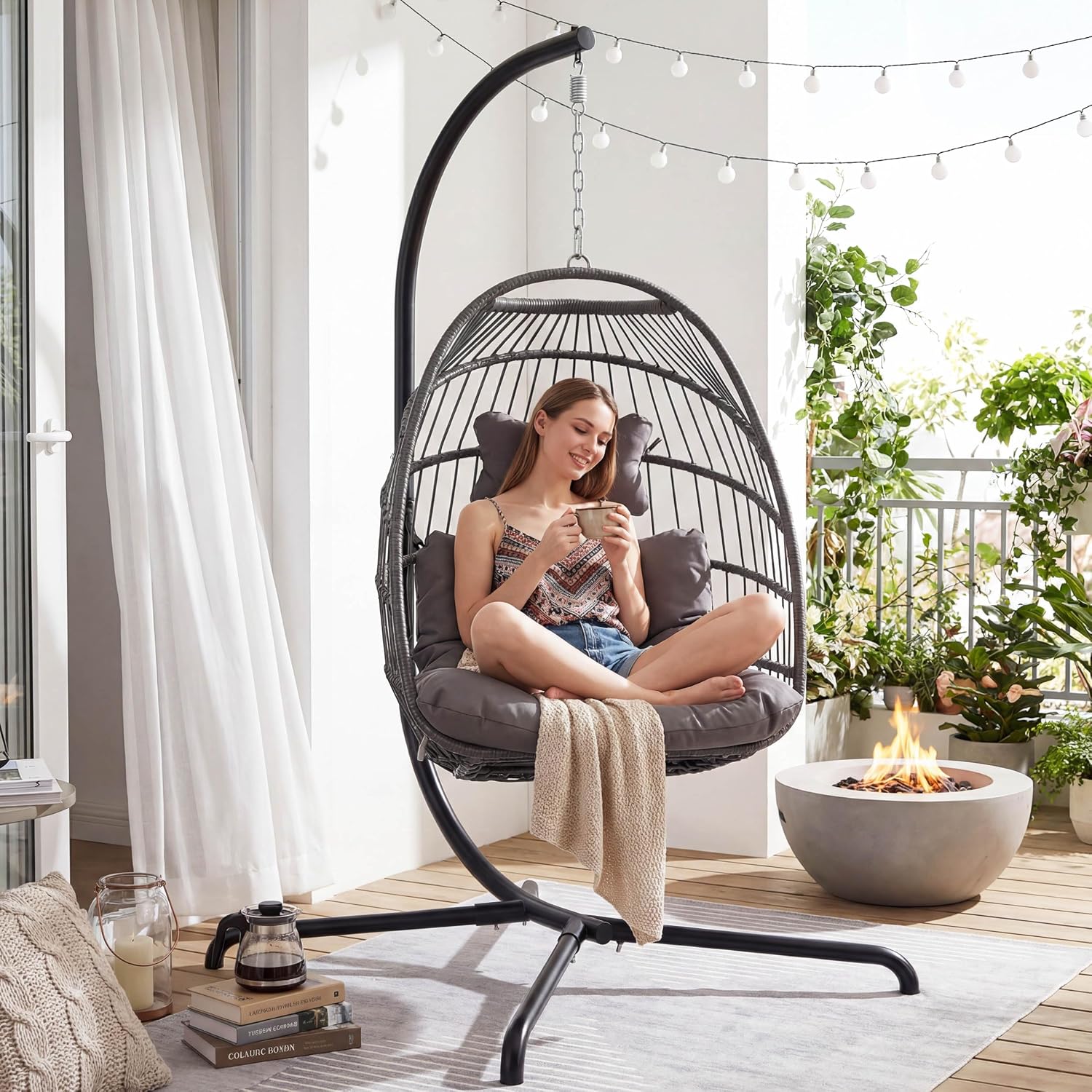 NICESOUL Comfy Indoor Outdoor Egg Chair, Patio Wicker Egg Shaped Swing Chair with Stand, Hanging Basket Seating with Cushion, 350lbs Heavy Duty Gift Hammock Chairs for Balcony Backyard Bedroom, Gray