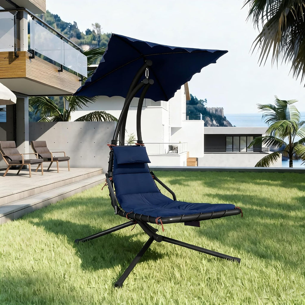 Chaise Lounger Swing Chair with Umbrella Canopy, Patio Hanging Chaise Lounger Chair with Stand, Curved Steel Outdoor Lounge Chairs for Indoor Patio Pool Garden Backyard Porch