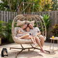 RADIATA Double Swing Egg Chair with Stand and Cover, Extra Large Hanging Patio Chairs with Padded Cushion, 2 Person Outdoor Boho Wicker Egg Swing Chair Loveseat for Bedroom Backyard Balcony, Beige