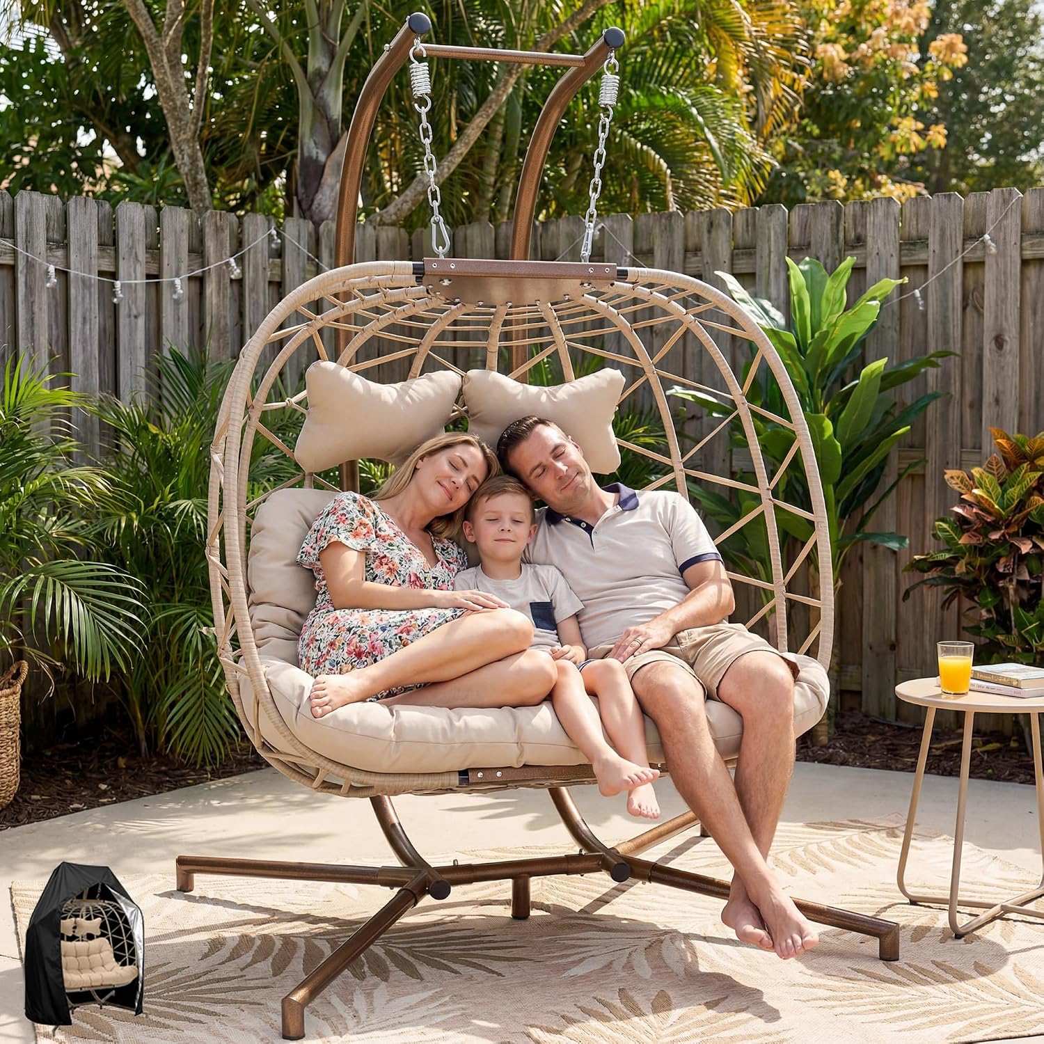 RADIATA Double Swing Egg Chair with Stand and Cover, Extra Large Hanging Patio Chairs with Padded Cushion, 2 Person Outdoor Boho Wicker Egg Swing Chair Loveseat for Bedroom Backyard Balcony, Beige