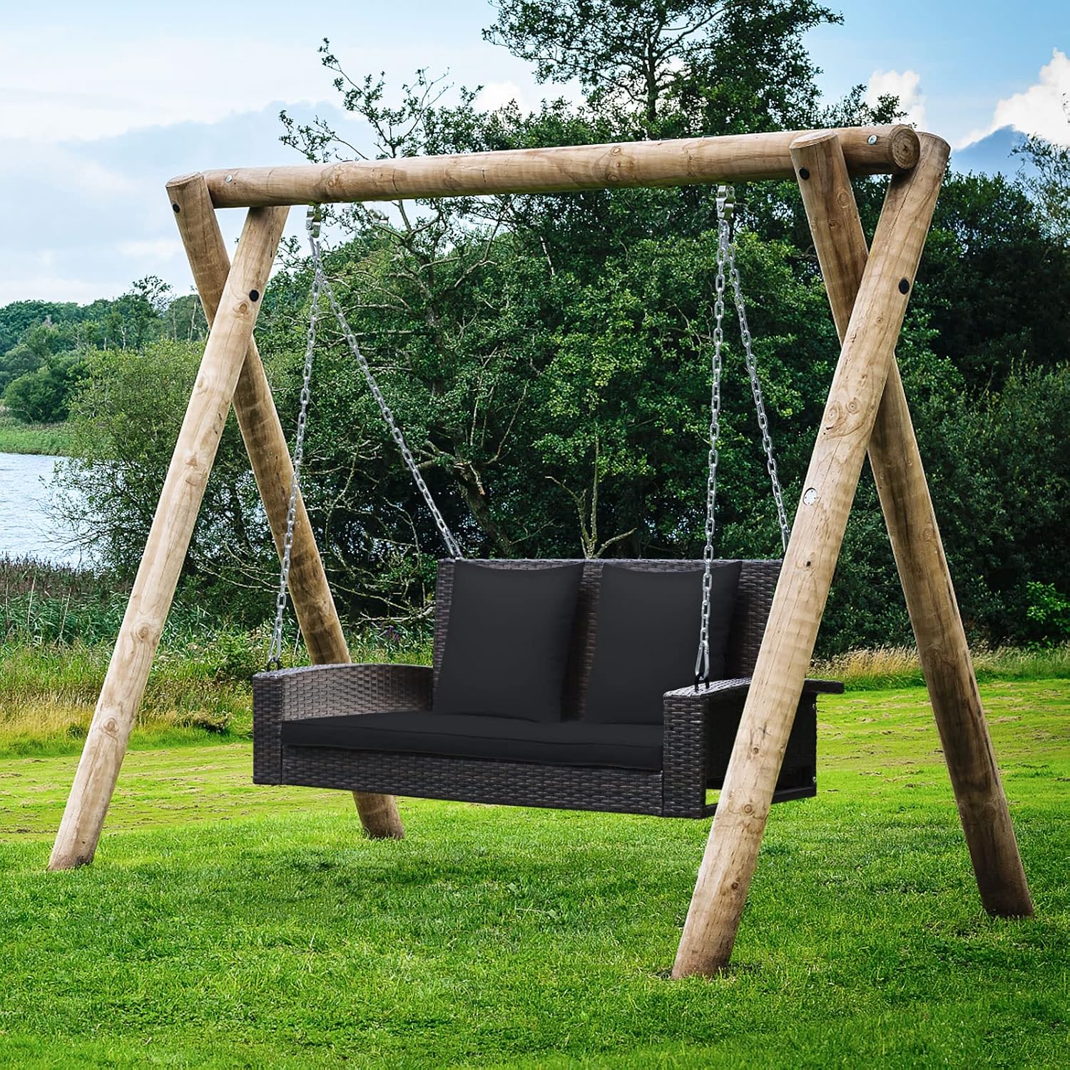 Tangkula 2-Person Wicker Porch Swing, Patiojoy Outdoor Rattan Hanging Swing Bench W/ 2 Back Cushions & 1 Seat Cushion, Sturdy Steel Chain, 800lbs Weight Capacity