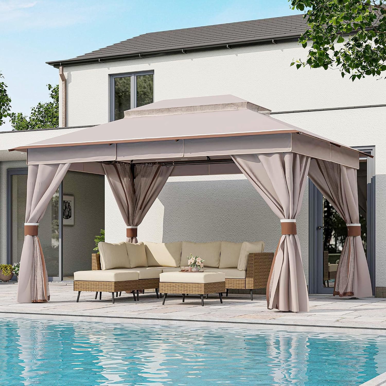 LAUSAINT HOME 10'x13' Outdoor Gazebo, Metal Frame Heavy Duty Patio Canopy Tent Shelter with Double Roofs, Mosquito Nettings and Privacy Screens for Backyard, Garden, Lawn, Classic Khaki