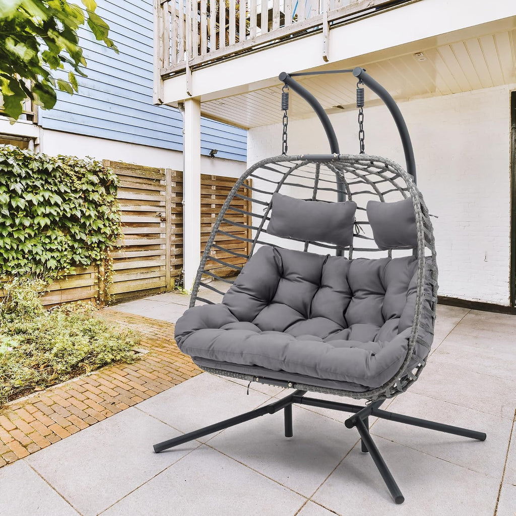 Brafab Double Egg Chair Swing with Stand, Oversized Hand-Woven Wicker Rattan 2-Person Egg Chairs for Outdoor Indoor, Hanging Egg Chair with Thick Double Cushion and Sturdy Steel Stand, Charcoal