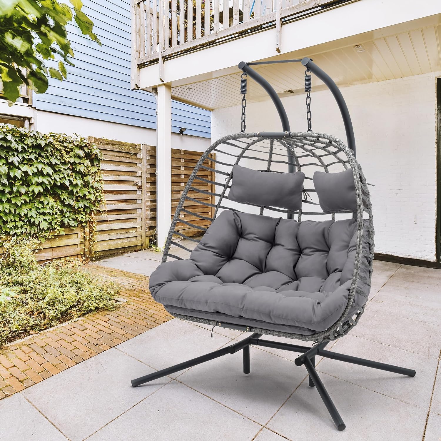 Brafab Double Egg Chair Swing with Stand, Oversized Hand-Woven Wicker Rattan 2-Person Egg Chairs for Outdoor Indoor, Hanging Egg Chair with Thick Double Cushion and Sturdy Steel Stand, Charcoal