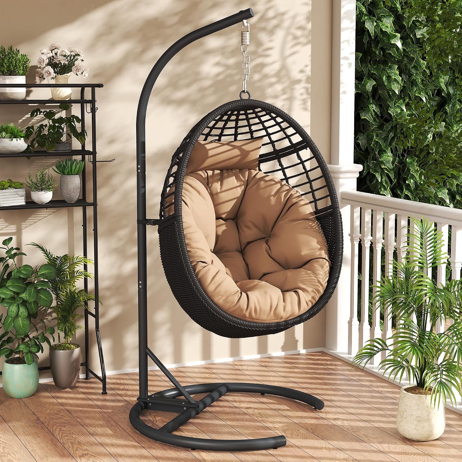 Egg Swing Hanging Chair with Stand, Outdoor Rattan Egg Hammock Chair with Cushion Pillow for Indoor Bedroom Patio Garden for 330lbs/150kg - Dark Brown