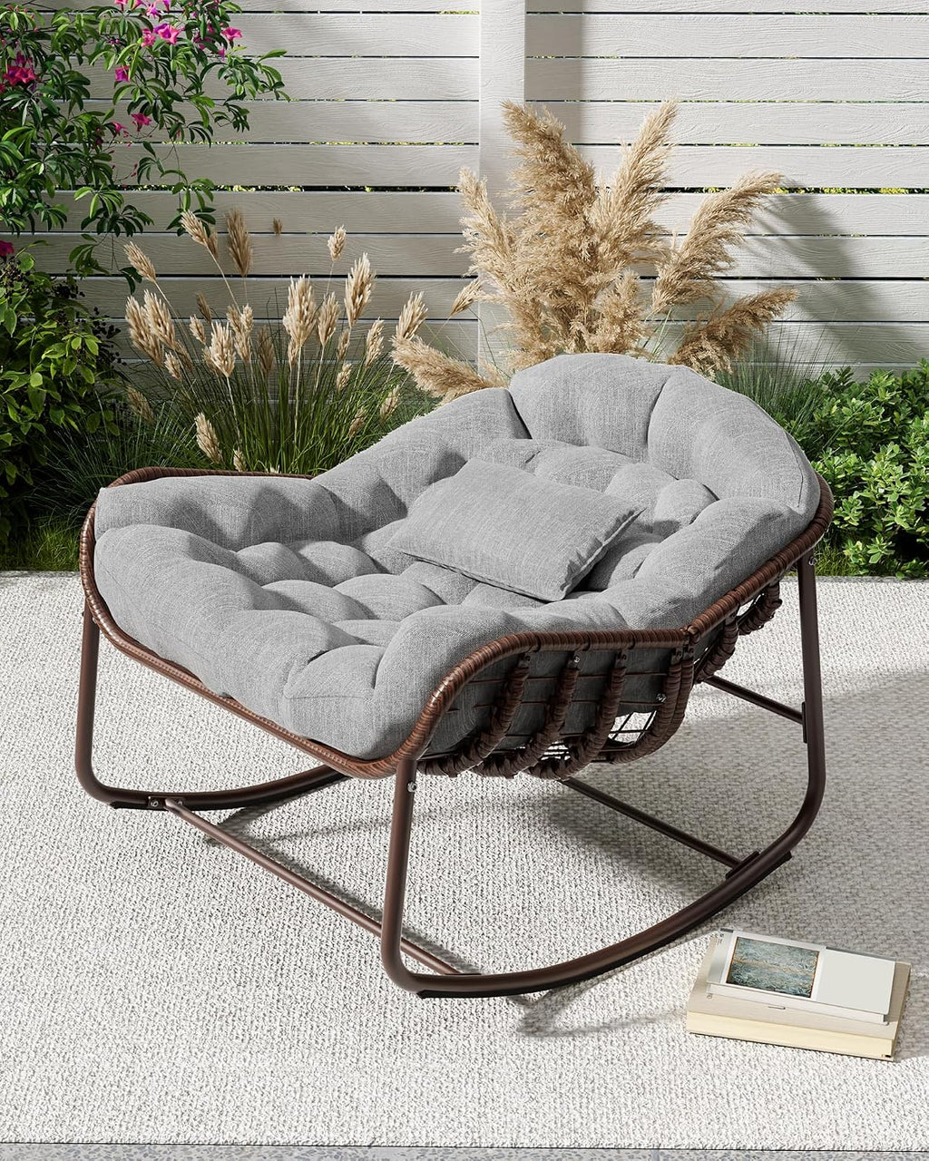 GarveeLife Outdoor Papasan Rocking Chair, Oversized Wicker Lounge Chair with Cushion and Metal Frame, Patio Rattan Egg Rocker for Balcony Backyard Porch Bedroom, Grey