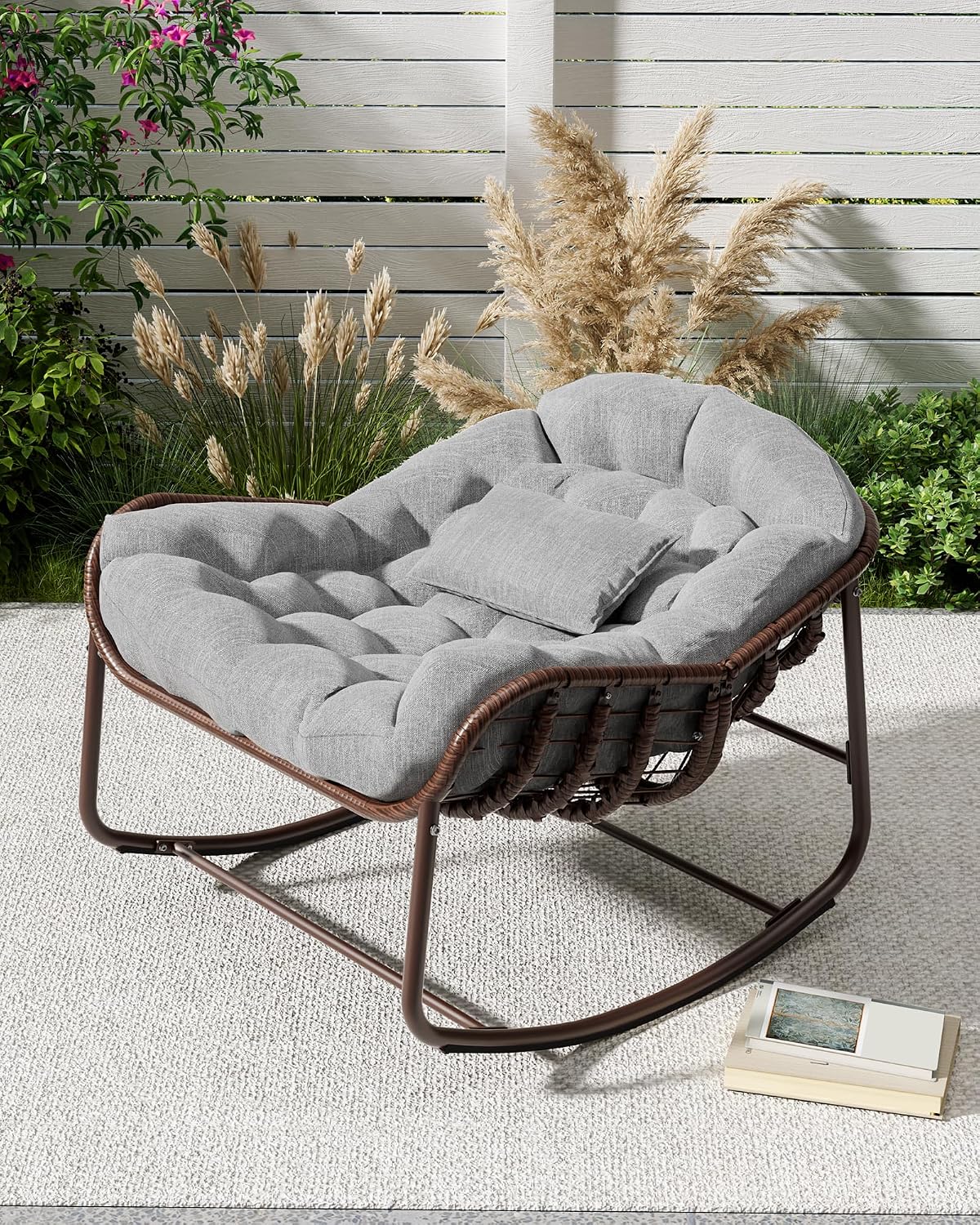 GarveeLife Outdoor Papasan Rocking Chair, Oversized Wicker Lounge Chair with Cushion and Metal Frame, Patio Rattan Egg Rocker for Balcony Backyard Porch Bedroom, Grey
