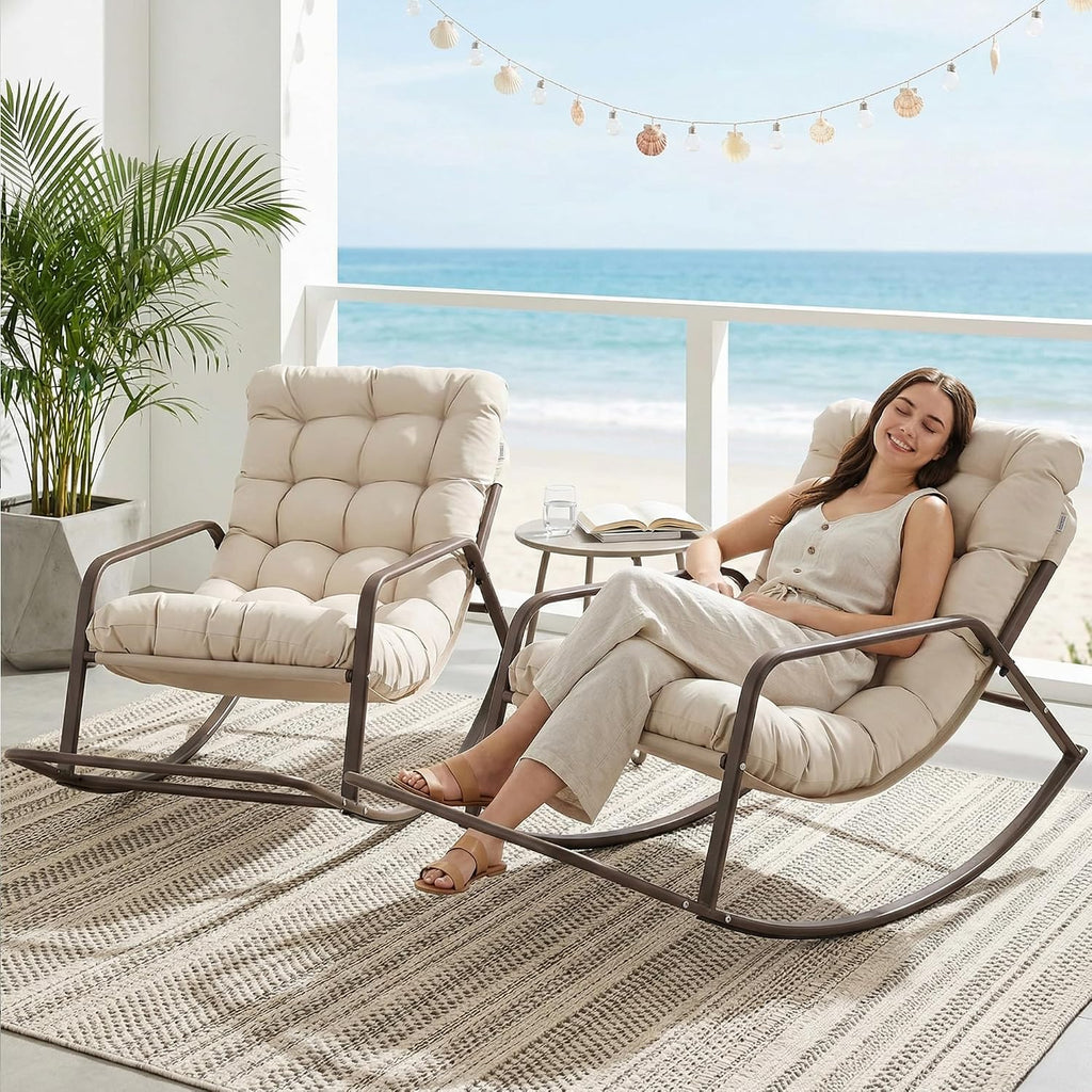 BULEXYARD Beige 2 Pcs Oversized Indoor Outdoor Lounge Royal Rocking Chair with Armrest Footrest for Napping Relaxing, Heavy Duty Patio Reclining Papasan Rocker Chair with Padded Cushion