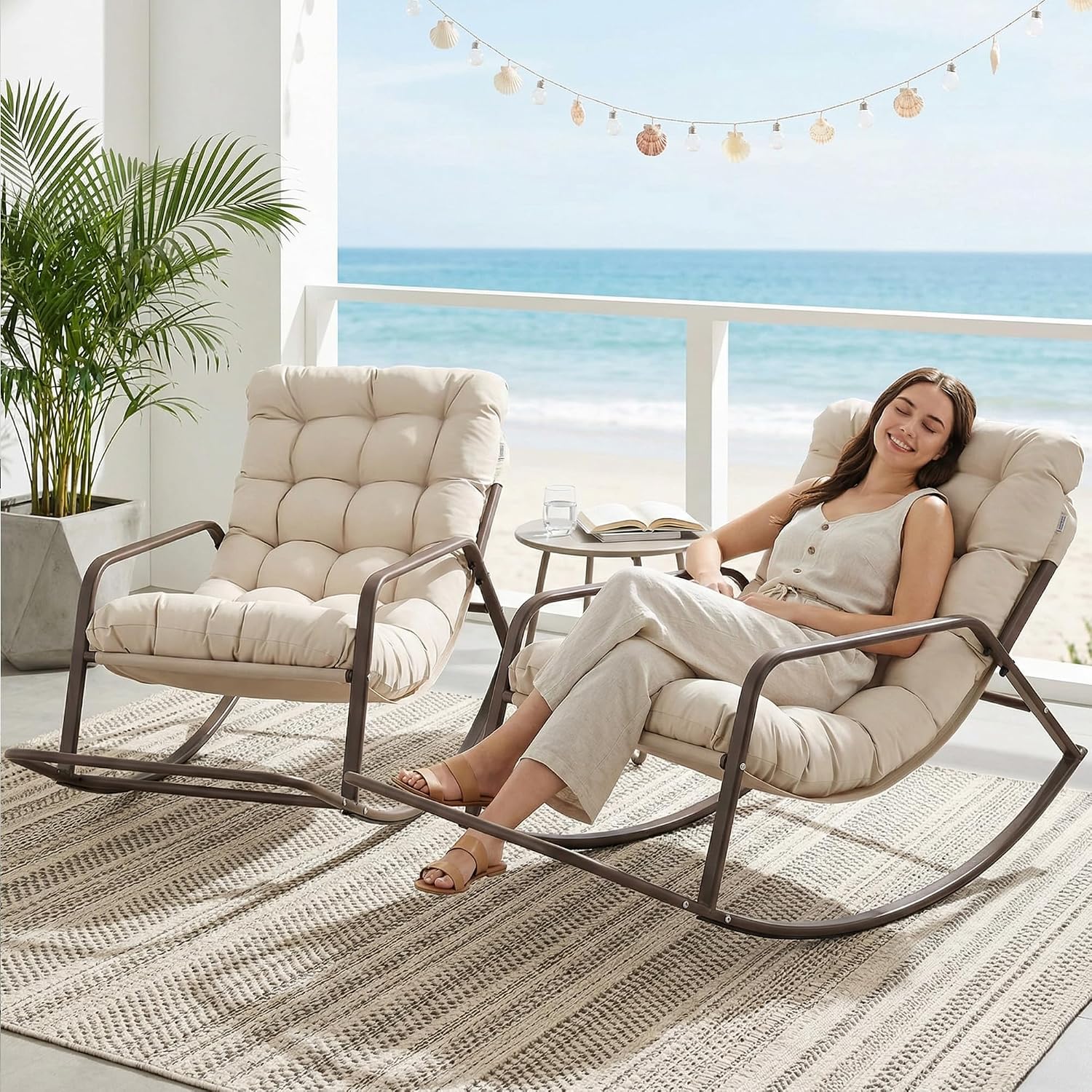 BULEXYARD Beige 2 Pcs Oversized Indoor Outdoor Lounge Royal Rocking Chair with Armrest Footrest for Napping Relaxing, Heavy Duty Patio Reclining Papasan Rocker Chair with Padded Cushion