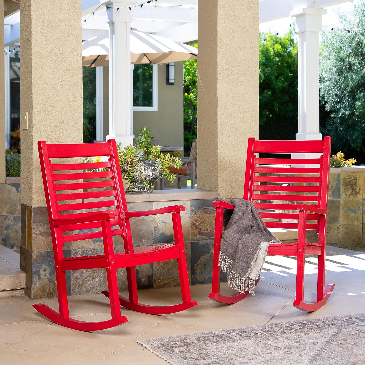 Shine Company Modern Wood Rocking Chairs, Ergonomic Wide Seat Porch Rockers, 2-Pack, Chili Pepper