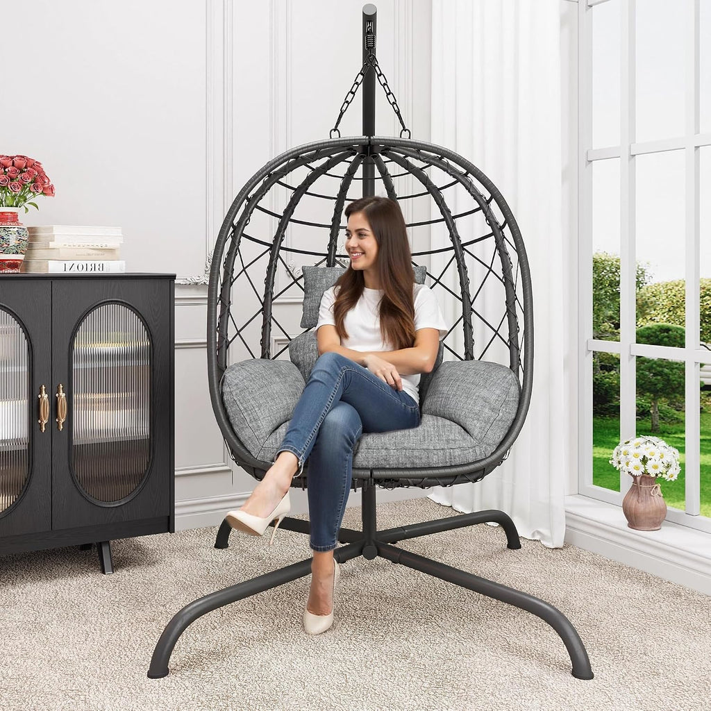 Hanging Egg Chair with Stand Patio Wicker Rattan Swing Chair Hammock Egg Chair for Indoor & Outdoor 400lbs Capacity with Thickened Cushion for Bedroom Balcony Garden