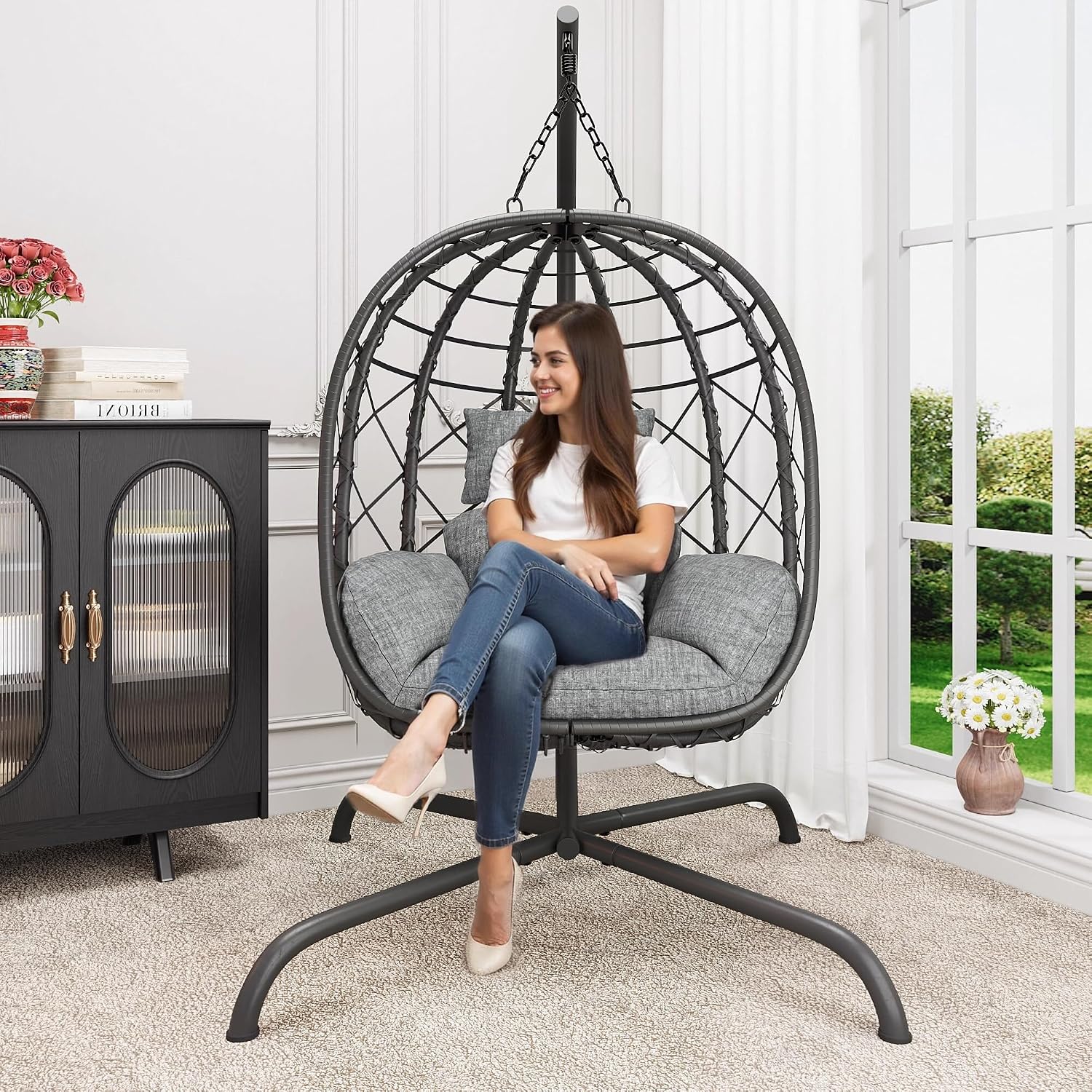 Hanging Egg Chair with Stand Patio Wicker Rattan Swing Chair Hammock Egg Chair for Indoor & Outdoor 400lbs Capacity with Thickened Cushion for Bedroom Balcony Garden