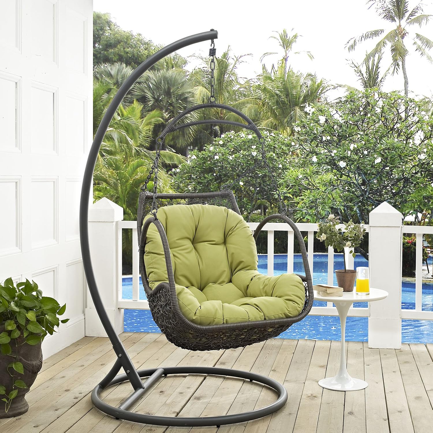Modway Arbor Wicker Rattan Outdoor Patio Porch Lounge Hanging Swing Chair Set with Stand in Peridot