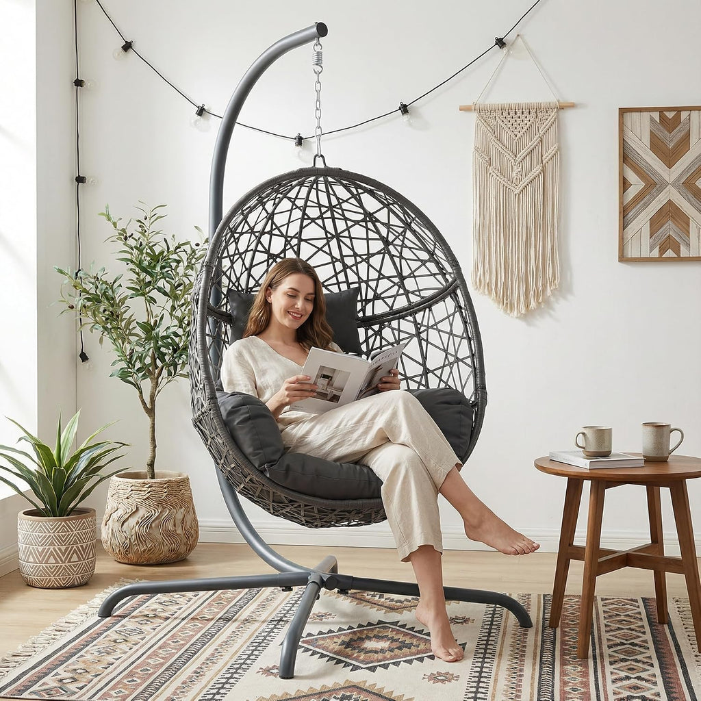 RADIATA Hanging Egg Chair with Stand, Outdoor Swing Egg Chair with Thick Cushion, Rattan Bird Cage Eggshell Basket Seat, Patio Swinging Hammock Chair for Outside Backyard, Dark Grey