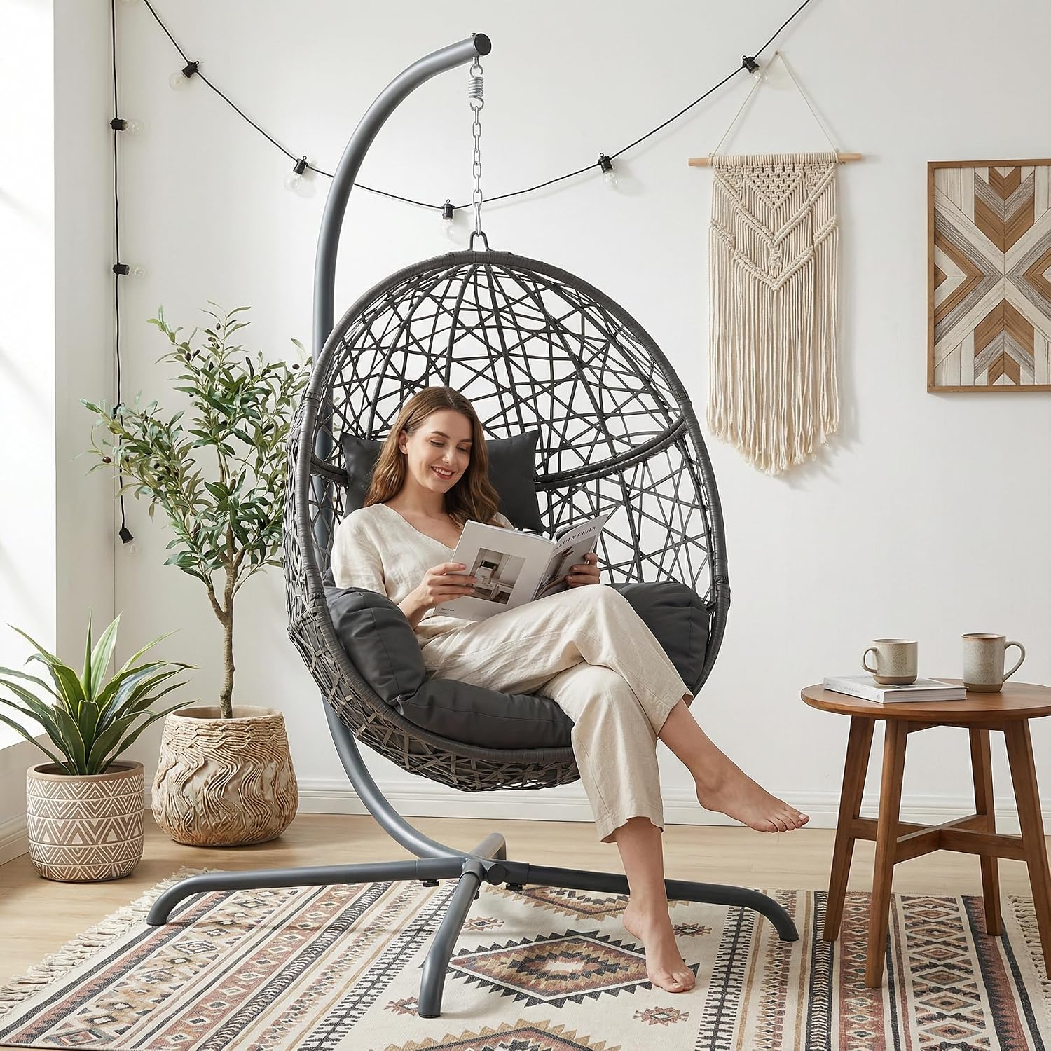 RADIATA Hanging Egg Chair with Stand, Outdoor Swing Egg Chair with Thick Cushion, Rattan Bird Cage Eggshell Basket Seat, Patio Swinging Hammock Chair for Outside Backyard, Dark Grey