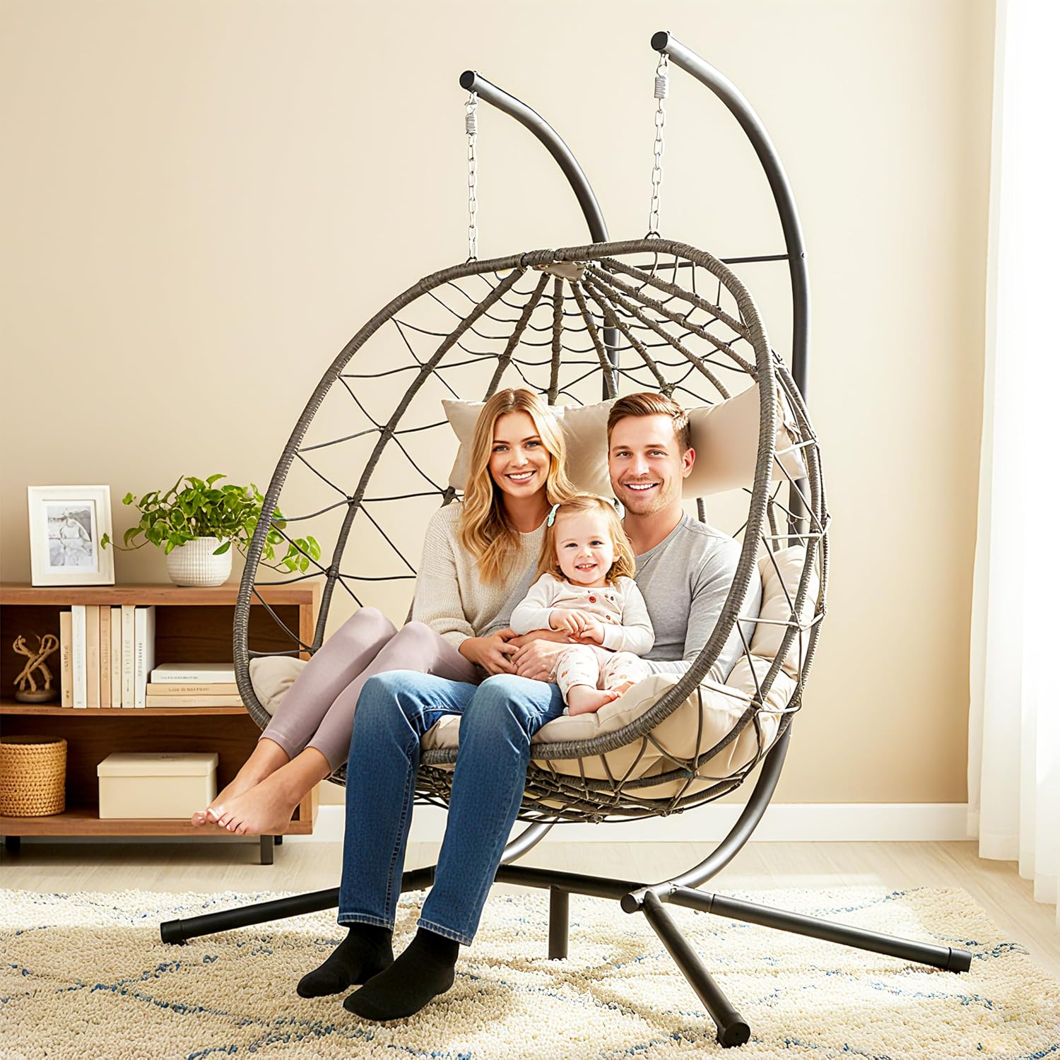 Double Egg Chair with Stand, Indoor Outdoor Loveseat Hammock Swing Chair,Wicker Chair with Foldable Basket & Thick UV-Resistant Cushions, 700 LBS Capacity for Patio, Bedroom, Garden,Beige