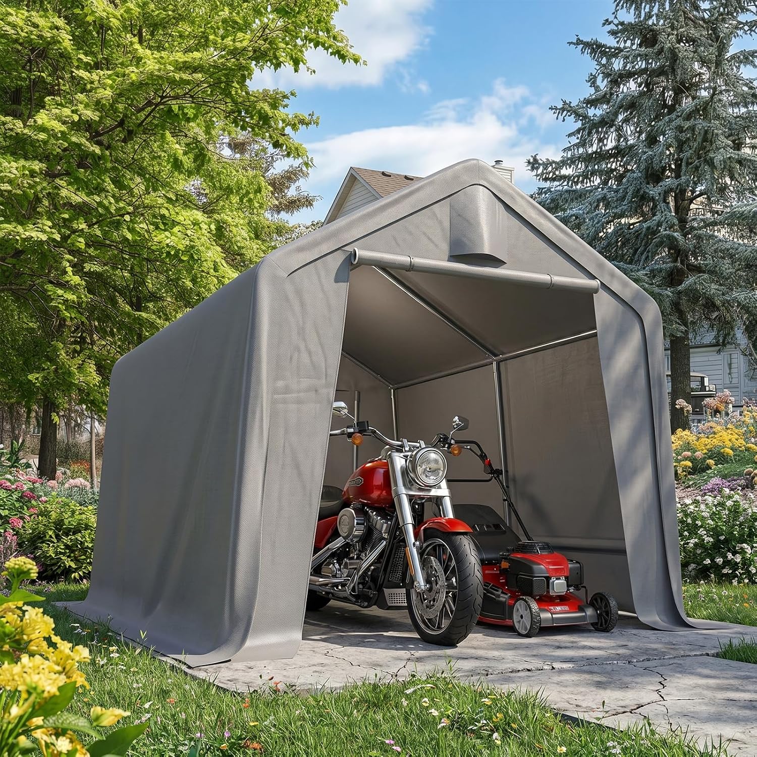Quictent 8x8FT Outdoor Storage Shed Shelter with Roll-Up Mesh Windows, Heavy Duty Portable Garage for Motorcycle, Bike, Lawn Mower Waterproof Storage Tent with Reinforced Frame,Sliver Gray
