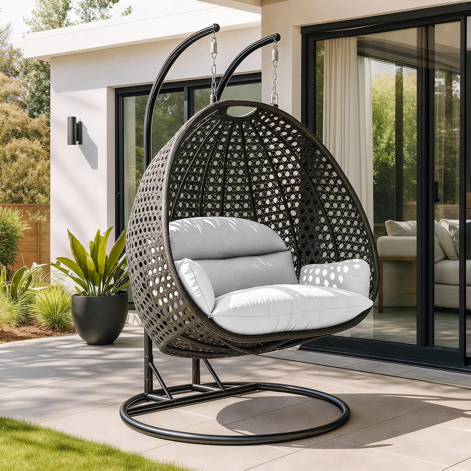LeisureMod 2 Person Wicker Hanging Egg Chair, Indoor Outdoor Patio Swing with Black Stand & UV-Resistant Cushions, Lounge Chair for Bedroom & Garden, White