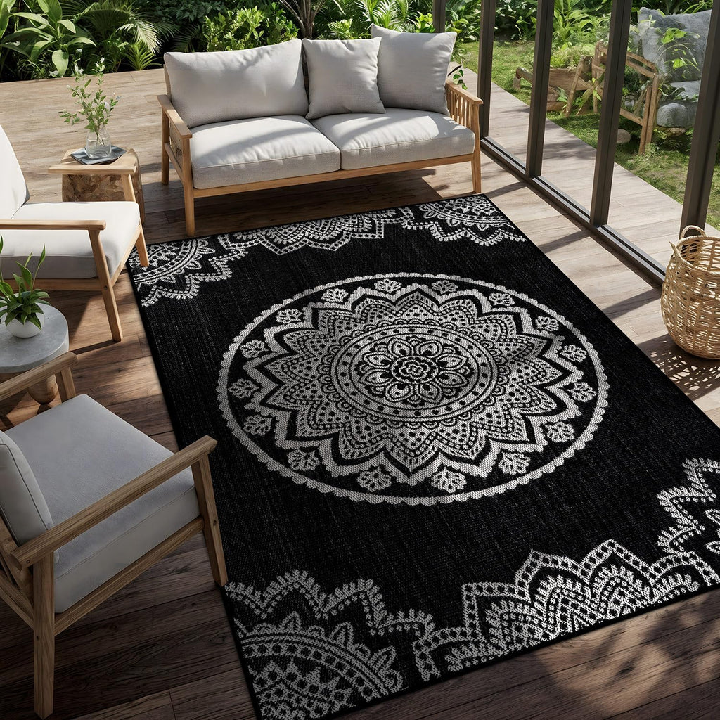 CAMILSON Outdoor Rug 9x12 Modern Large Area Rugs for Indoor and Outdoor Patios and Porches - Waterproof Washable Non-Shedding Easy-to-Clean Outside Carpet (9 x 12 Medallion - Black/White)