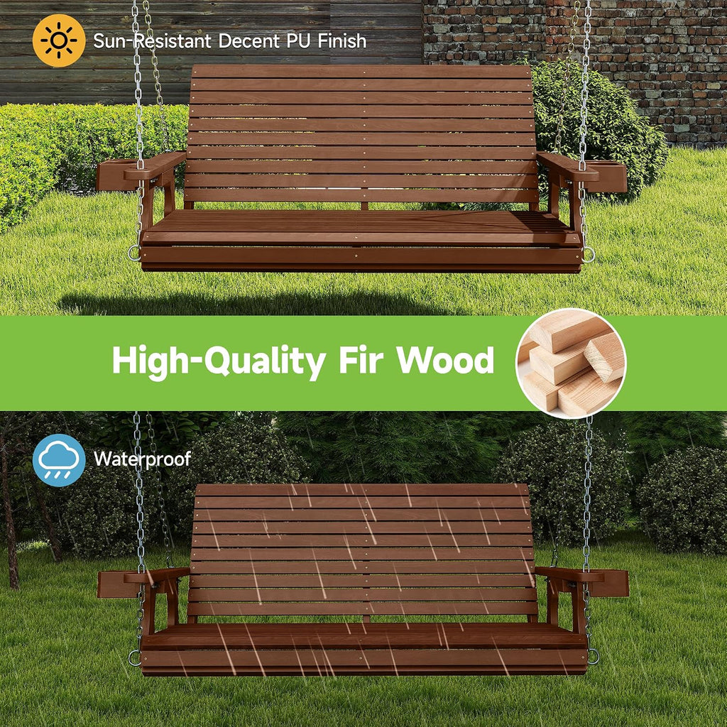 Real Relax 2-Seater Front Porch Swing, Wooden Outdoor Porch Swing Bench Chair with Cupholders, Upgraded 22' Deep Seat, Heavy Duty 880 Lbs Hanging Chains for Outdoor, Patio, Backyard 4 FT (Teak Tone)