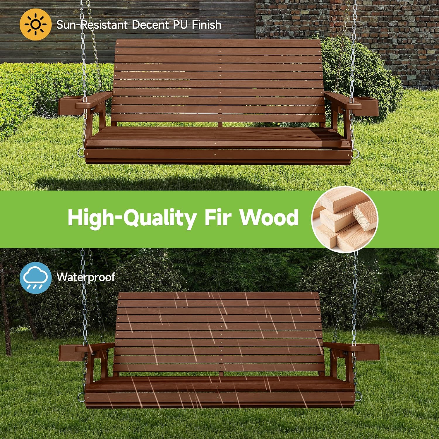 Real Relax 2-Seater Front Porch Swing, Wooden Outdoor Porch Swing Bench Chair with Cupholders, Upgraded 22' Deep Seat, Heavy Duty 880 Lbs Hanging Chains for Outdoor, Patio, Backyard 4 FT (Teak Tone)