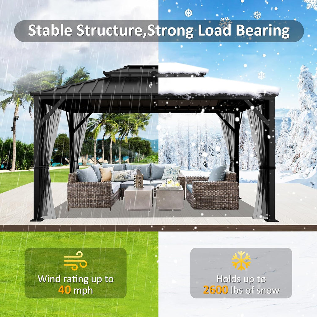MUPATER Gazebo, 10'x12' Outdoor Gazebo, Patio Structure Shelter with Mosquito Netting, Aluminum Hardtop Pergola for Backyard, Garden, Lawn and Patio, Black