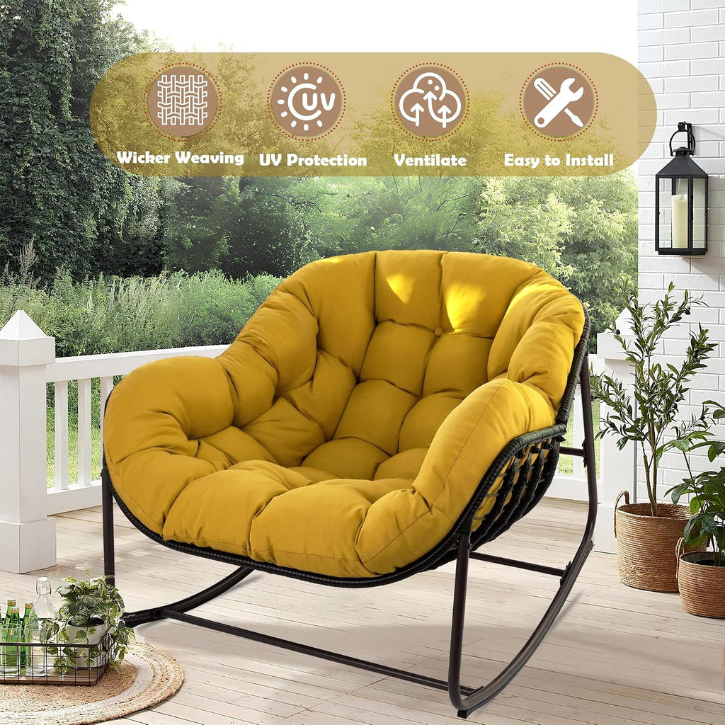 Papasan Rocking Chair, Oversized Egg Rocker for Indoor & Outdoor Use, All-Weather Wicker Patio Chair with Cushion & Pillow, Papasan Rocking Egg Chair for Bedroom, Garden, Yellow