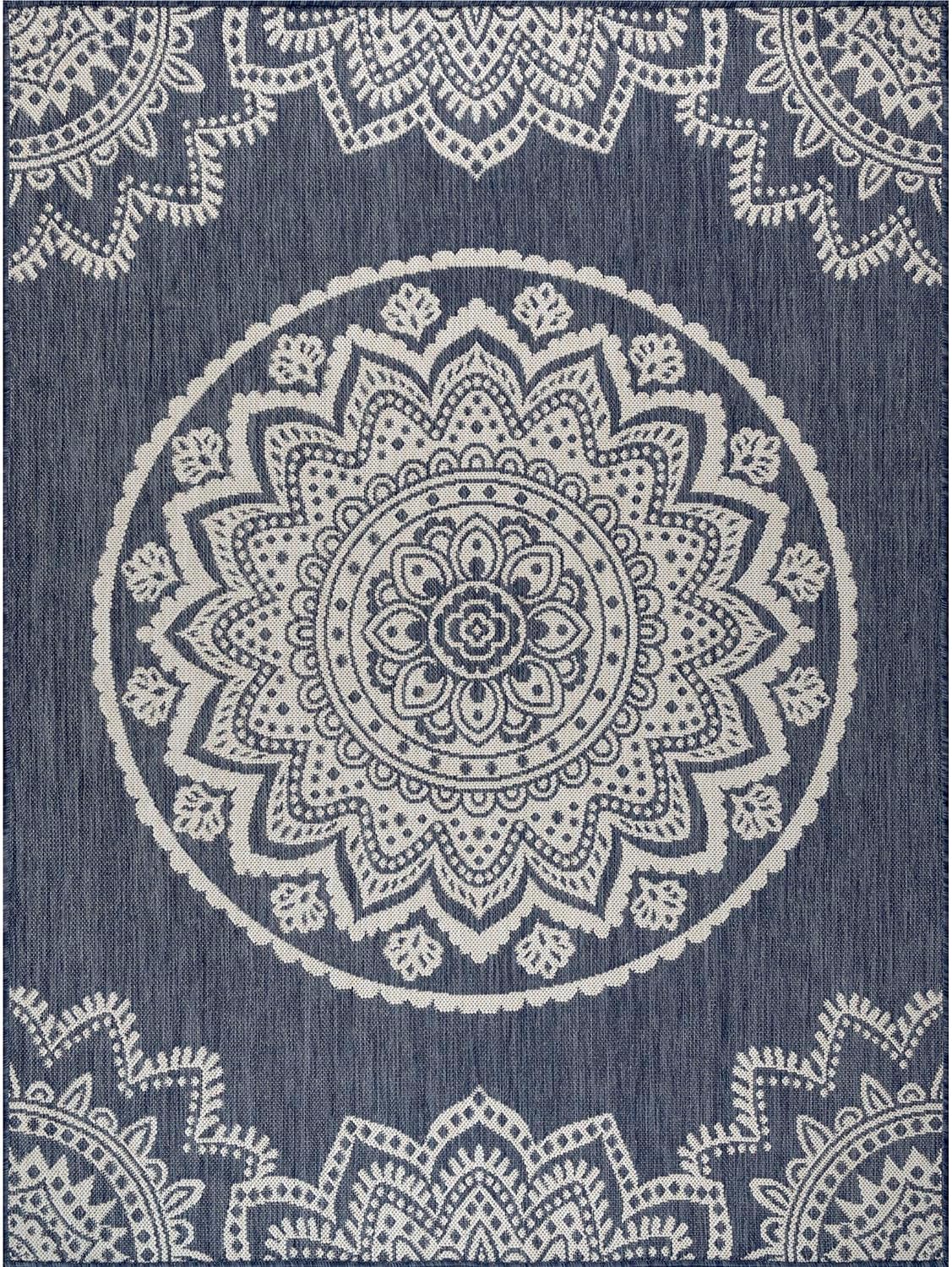 CAMILSON Outdoor Rug 9x12 Modern Area Rugs for Large Indoor and Outdoor Patios and Porches - Waterproof Washable Non-Shedding, Easy-to-Clean Outside Carpet (9 x 12, Medallion - Blue/White)