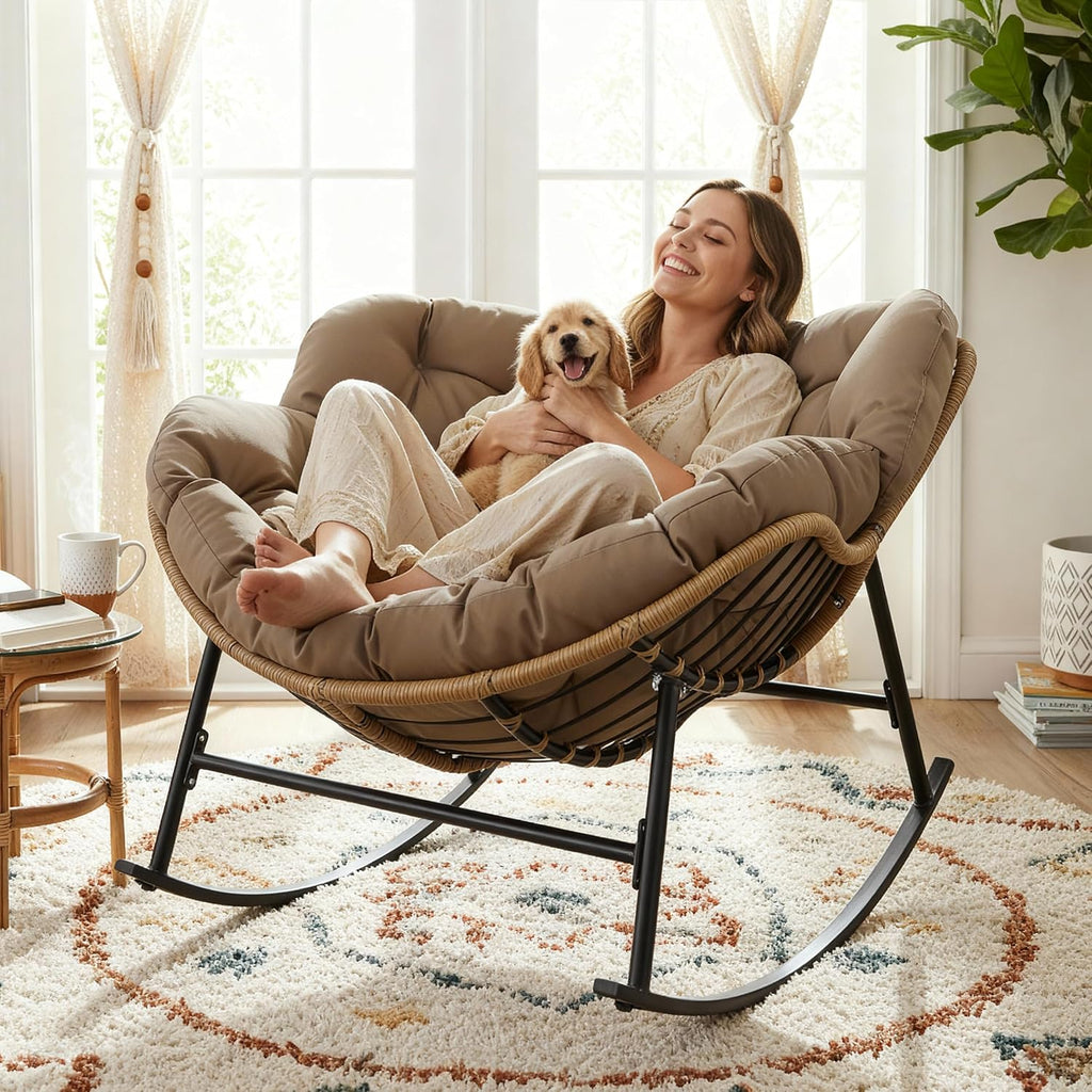 BULEXYARD Outdoor Papasan Rocking Chair with Cushion and Frame, Oversized Large Patio Lounge Chairs, Rattan Comfy Egg Recliner Chair, 450 Lbs Capacity Glider Rocker for Outside Bedroom Garden Brown