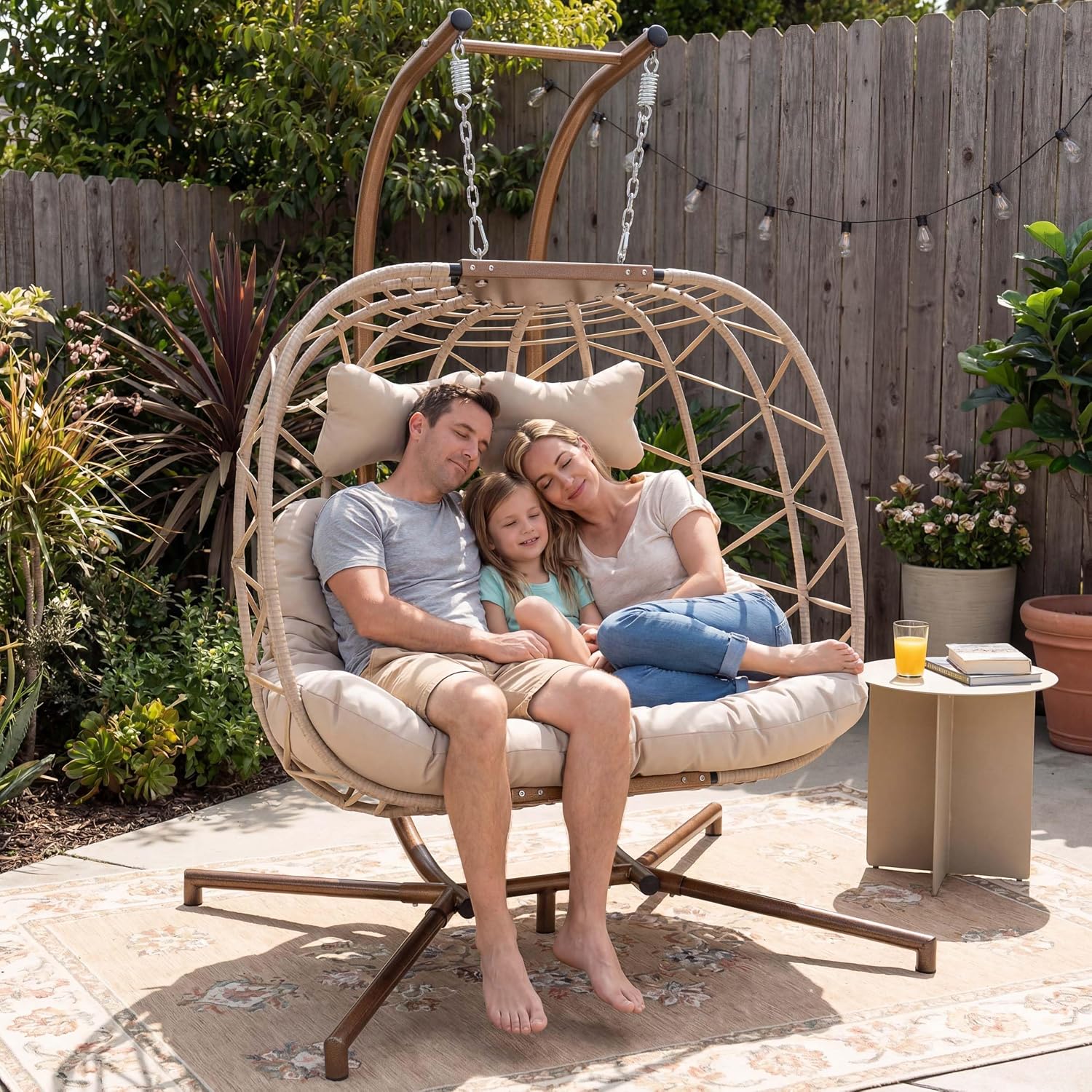 RADIATA Double Hanging Egg Chair with Stand, Oversized 2 Person Swing Egg Chairs Outdoor Indoor, All-Weather Wicker Egg Swing Chair Loveseat with Comfy Thick Cushion for Patio Balcony Porch, Beige