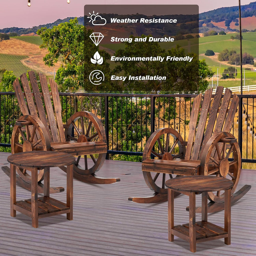 Spurgehom 4 Pieces Outdoor Wood Rocking Chair Set, 2 Patio Decor Yard Glider Rocking Chairs with 2 Side Tables, Adirondack Rocking Chair for Porch Lawn Garden Balcony Poolside（4PC）