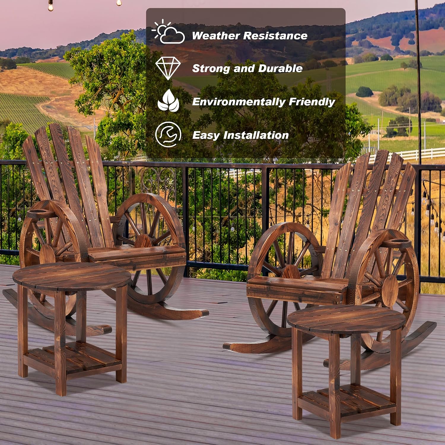 Spurgehom 4 Pieces Outdoor Wood Rocking Chair Set, 2 Patio Decor Yard Glider Rocking Chairs with 2 Side Tables, Adirondack Rocking Chair for Porch Lawn Garden Balcony Poolside（4PC）