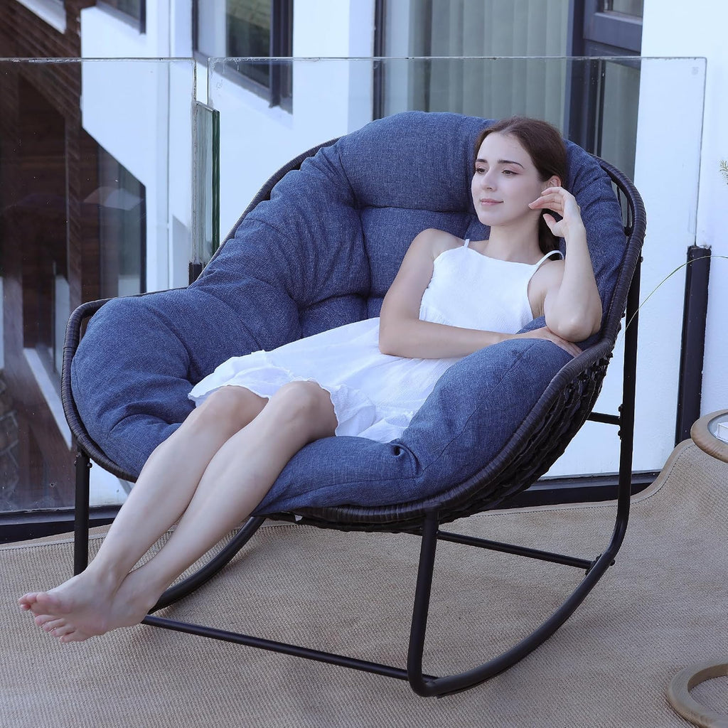 Papasan Rocking Chair, Oversized Rocking Papasan Chair Rattan Papasan Chair w Cushion, Wicker Egg Chair Rocker Outdoor Front Porch Chair, Big Comfy Rocking Chair for Outdoor(Navy Blue)