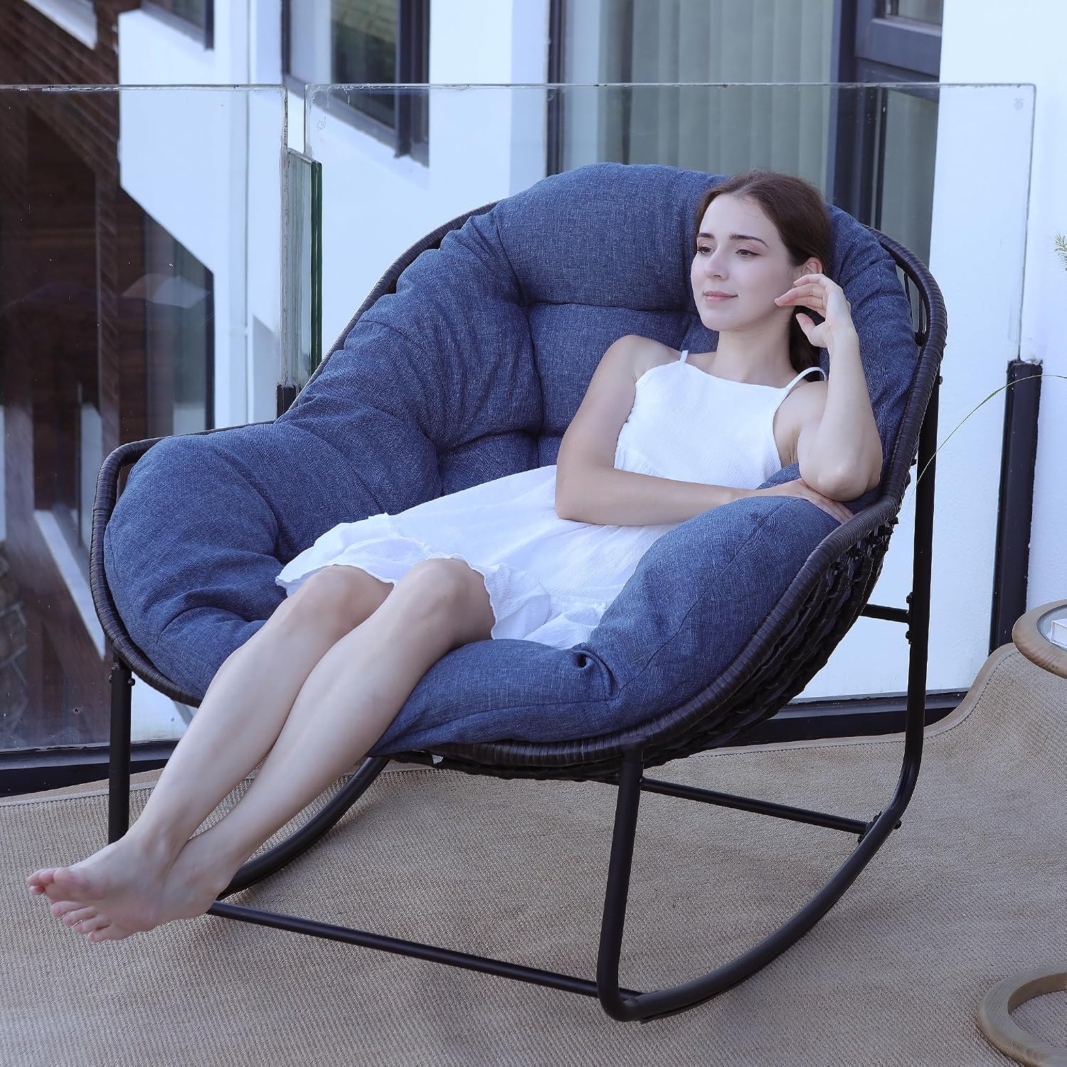 Papasan Rocking Chair, Oversized Rocking Papasan Chair Rattan Papasan Chair w Cushion, Wicker Egg Chair Rocker Outdoor Front Porch Chair, Big Comfy Rocking Chair for Outdoor(Navy Blue)